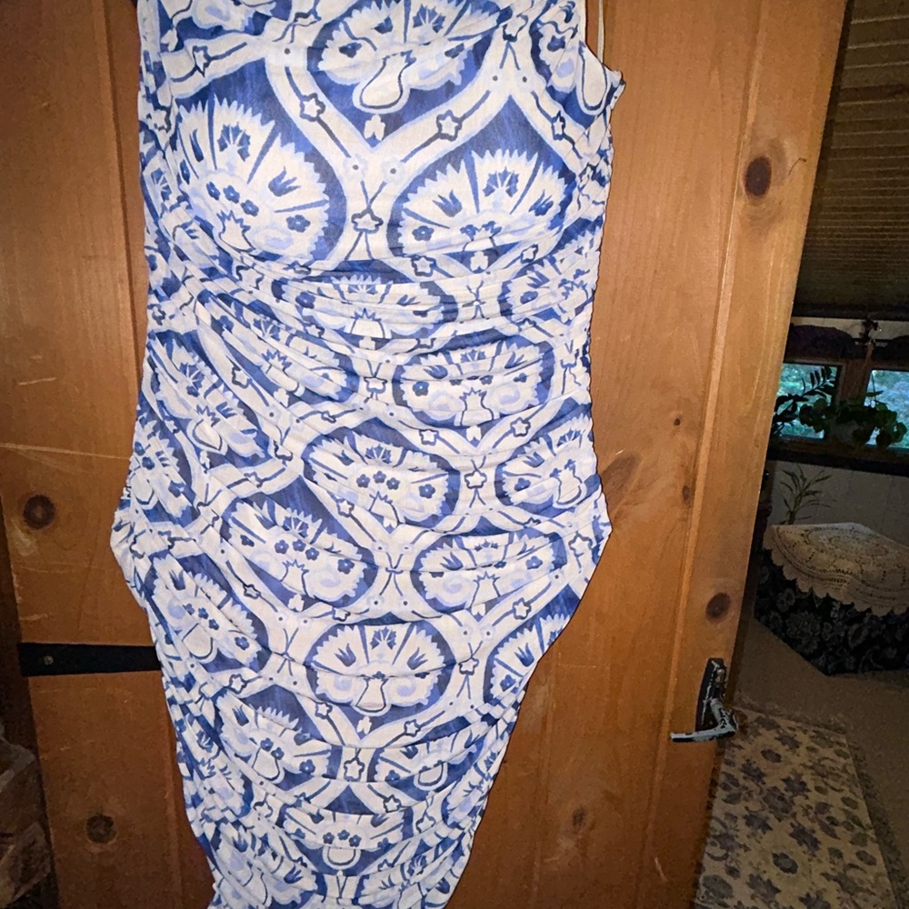 Floral Cream & Blue One Shoulder Super Stretch Bodycon Dress - Picture 6 of 8